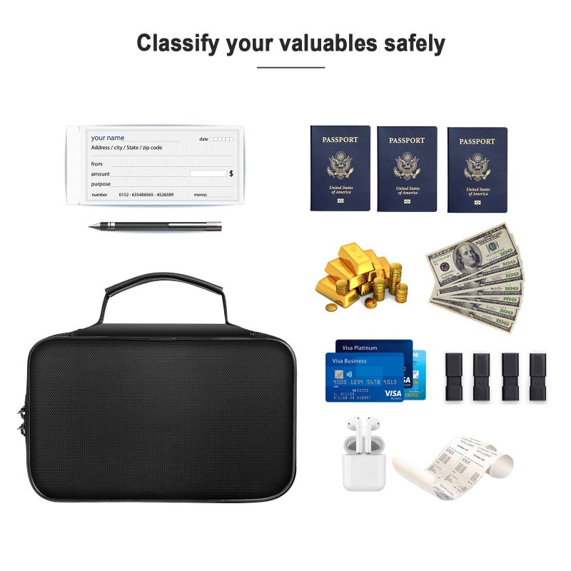 ENGPOW Small Fireproof Storage Case with Lock(9.4'x 5.9'x 3.2')  3-Layer Money Safe Coin Organizer Wallet Bag for Cash Card Passport Check Bill Travel Home Organizer Carrying Case Black - Image 4